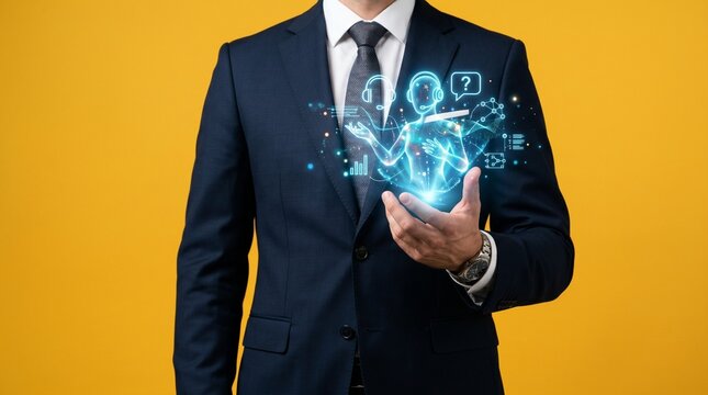 Professional Man Visualizes a Holographic Customer Support Robot Agent