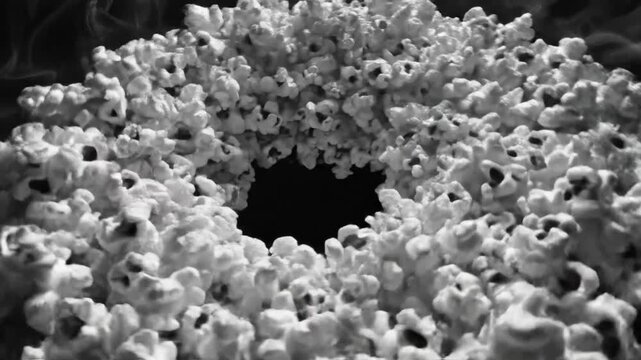 Surreal ring of popcorn in black and white with smoke drifting around a dark center