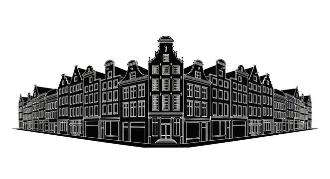 Amsterdam canal houses silhouette, minimalist urban street architecture