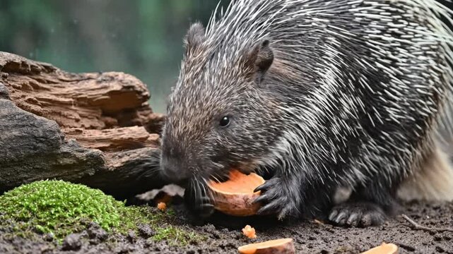 Close-up of a North American porcupine enjoying a sweet potato snack in its natural habitat