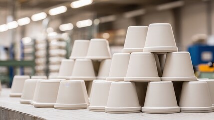 Fototapeta premium Neatly stacked white ceramic insulators ready for industrial use in a manufacturing facility