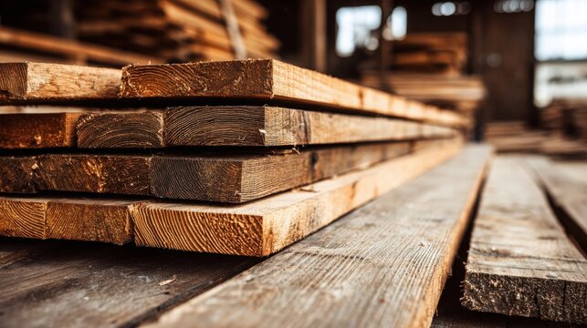 Stacks of freshly cut rough wooden planks with visible grain, ready for construction projects