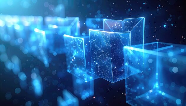 Digital abstract geometric forms glowing with blue light against a dark background.