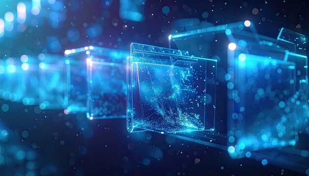 Abstract digital data streams flow through luminous cubes in a futuristic network.