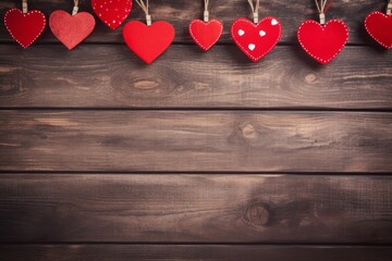 Fototapeta premium Red decorative hearts hanging on a dark wood background, symbolizing love and celebration