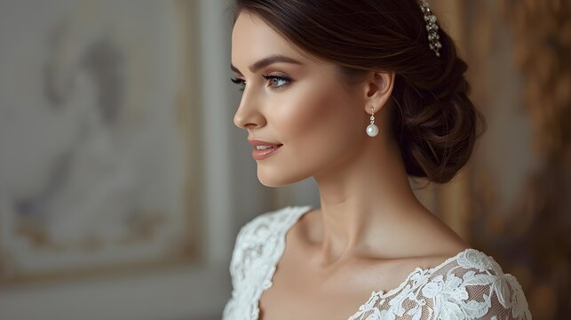 Elegant bride wears lace wedding dress and pearl earrings in Parisian setting