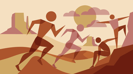 Obraz premium Stylized Runners Race Through Desert Landscape with Mountains and Sun
