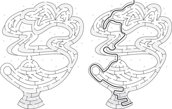 Vector illustration of a children's maze puzzle featuring a magic genie lamp with smoke and its solution path to help develop graphomotor skills.