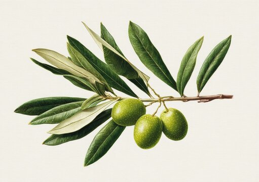 A detailed illustration of a branch with green olives and leaves.