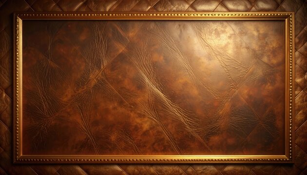 A framed rectangular space showcasing rich brown quilted leather with a golden border.