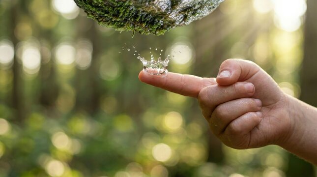 Child's Finger Touches Water Droplets Falling From Mossy Sphere in Sunlit Forest