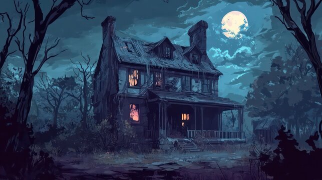 A spooky, dilapidated house with broken windows stands under a full moon in a dark forest.