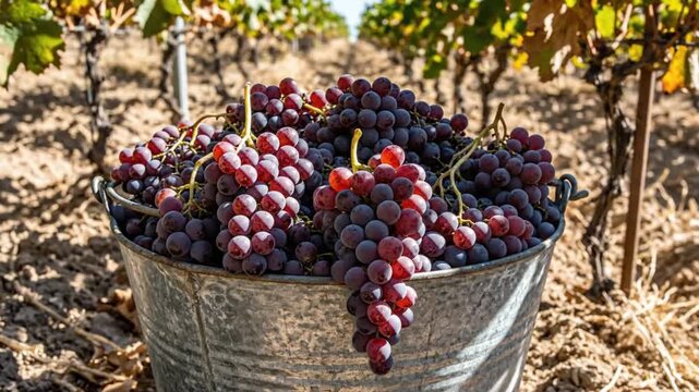 Ripe grapes overflowing from a metal bucket during the harvest season in the vineyard