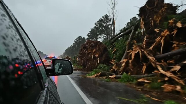 Driving past uprooted trees blocking highway after severe weather with rain and police vehicles
