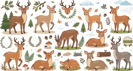 Naklejka premium Cute cartoon deer vector set with forest animals trees leaves stickers badges isolated on white background.