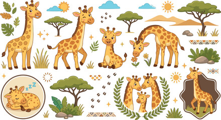Obraz premium Cute cartoon giraffe character vector set with safari elements stickers badges isolated on a white background.