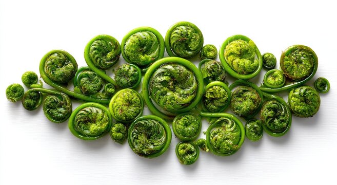 Close-up of vibrant green fiddleheads unfurling in a natural pattern.