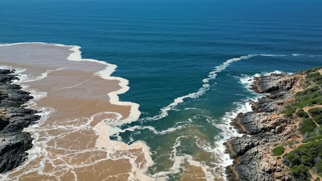 Aerial view of a dramatic confluence of brown river water and ocean, creating a visual divide