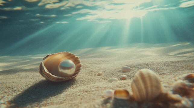 Elegant pearl in an iridescent shell gently rocking with the currents with nearby sand and tiny shells scattered on the seafloor Light from above creates a dreamy serene setting