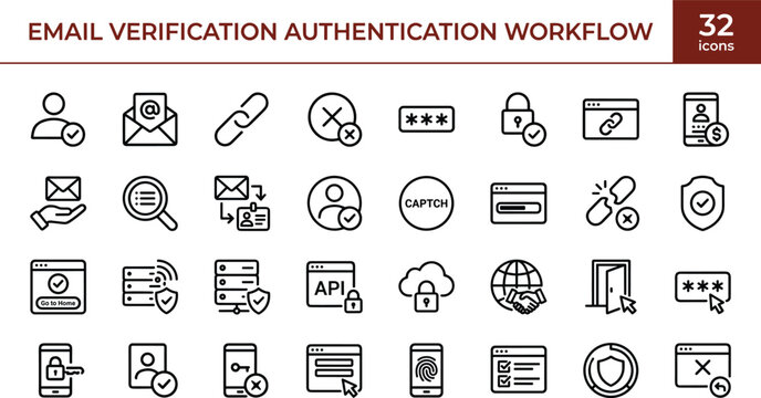 Email Verification Authentication Workflow Outline Vector Icon Set for Secure Identity Validation Access Control and Protection