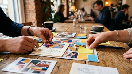 Fototapeta premium People work on a project while seated at a table in a cafe with papers and sticky notes during the day
