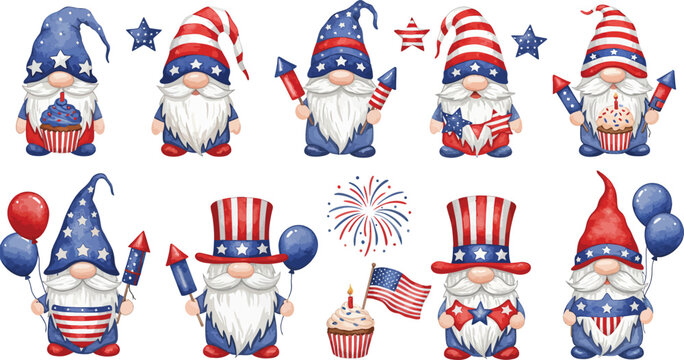 Collection of patriotic gnomes celebrating independence day with american flags and fireworks