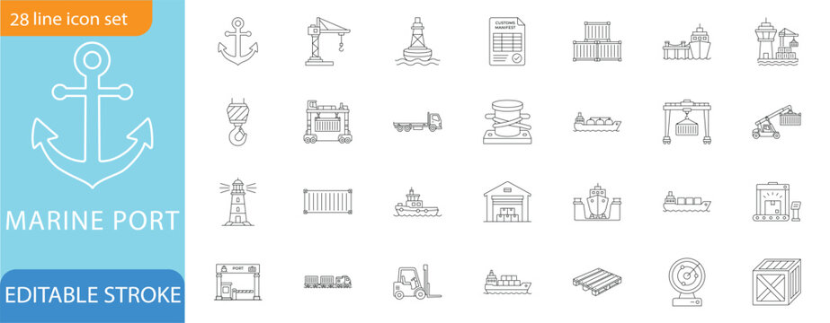 Marine Port, Seaport and Cargo Logistics Line Icon Set.