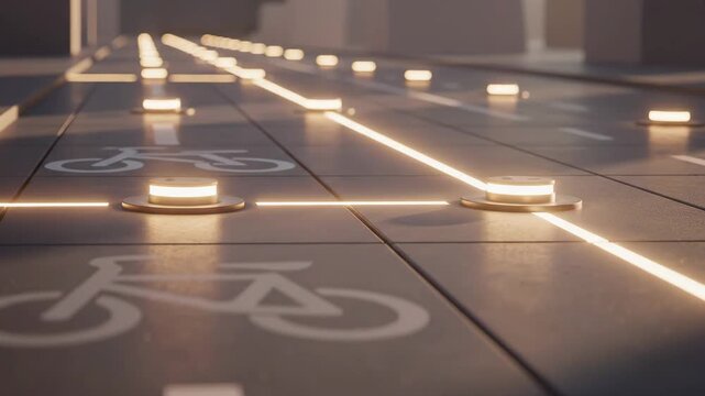 Futuristic illuminated bike lane with glowing lights and urban background