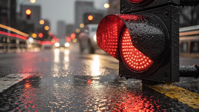 Rainy City Traffic Lights Reflecting on Wet Asphalt Road Surface
