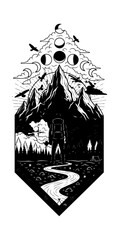 Fototapeta premium Hiker silhouette looking at mountains and phases of the moon black and white illustration