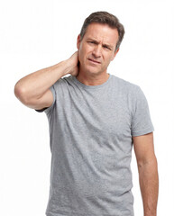 Obraz premium Man with neck pain wearing a gray t-shirt isolated on a white background