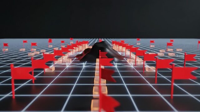 Abstract 3D digital landscape with red flags and geometric shapes