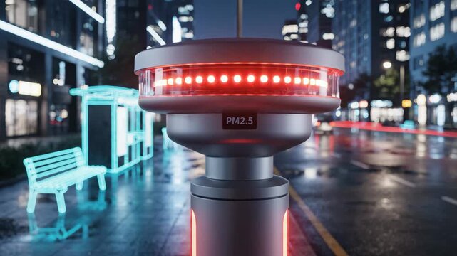 Futuristic city street at night with air quality sensors and glowing benches