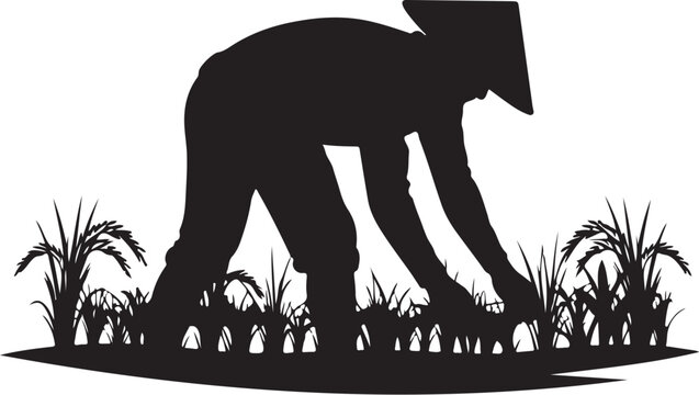 Black silhouette of a person planting or tending to plants
