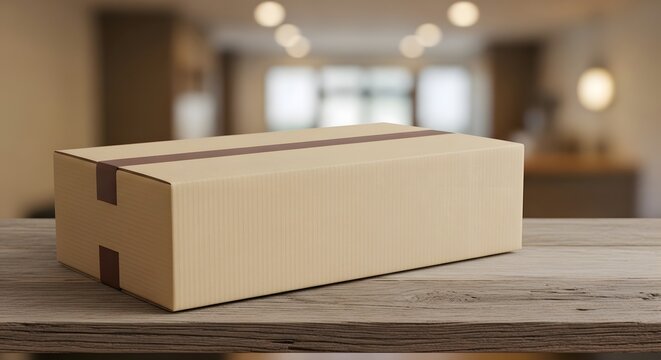 Cardboard shipping box on a rustic wooden table, blurred indoor background