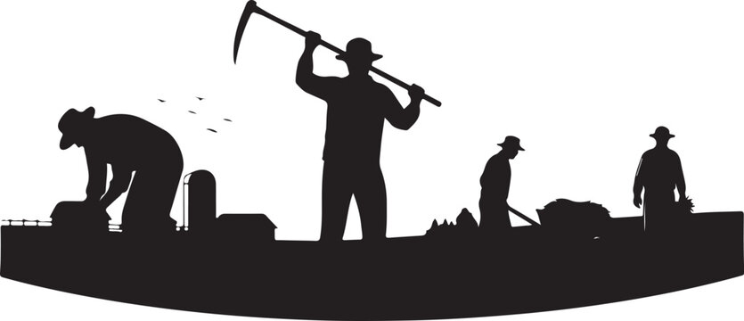 Black silhouette of four miners with pickaxe and shovel white