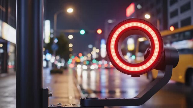 Futuristic PM2.5 air quality sensor with changing light indicators on a city street