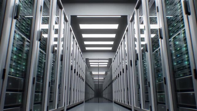 Modern Data Center Server Room Corridor with High Performance Computing Infrastructure