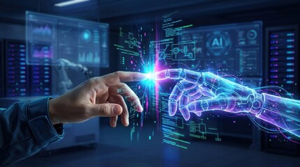 Fototapeta premium Human and robotic finger touching in futuristic AI laboratory with technology