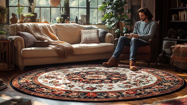 Elegant round rug with floral motifs under a vintage coffee table styled in a sunlit living room with soft textiles and inviting decor creating a charming focal point