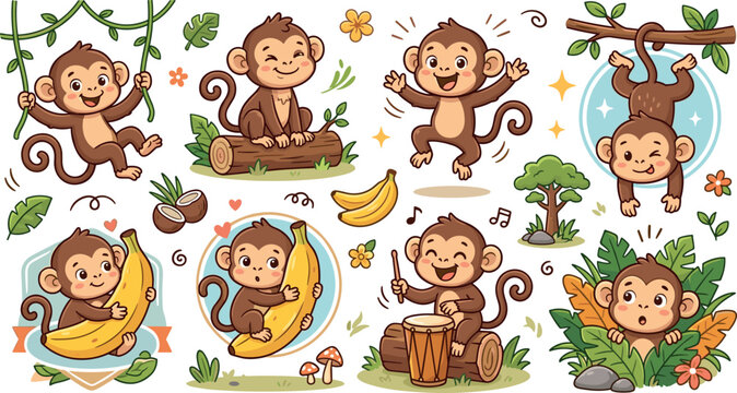 Cute cartoon monkey character vector set with jungle banana elements stickers badges labels icons isolated on white
