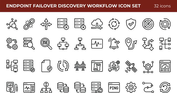 Endpoint Failover Discovery Workflow Outline Vector Icon Set for High Availability Monitoring Recovery and Network Resilience
