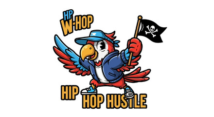 Fototapeta premium Colorful Parrot Cartoon Holding Pirate Flag Design.