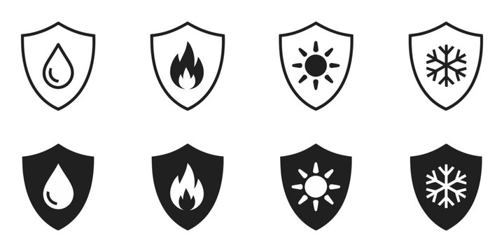 Waterproof, Fireproof, Sunproof and Frostproof Icon Label Set with Durability and Weather Resistance Symbols, Protective Safety Signs for Product Packaging Design