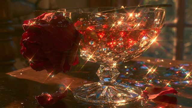 Sparkling crystal glass filled with red liquid and a rose under intense sunbursts