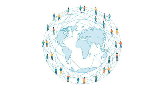 Diverse people connecting globally around a world map
