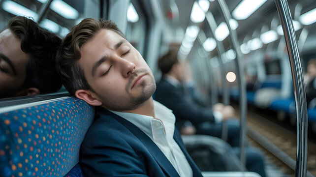 A tired office worker asleep on a train ride home, soft reflections on the window, realistic commuter lifestyle image