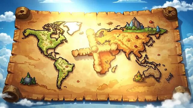 An illustrated map of the world with a vintage, aged paper texture style