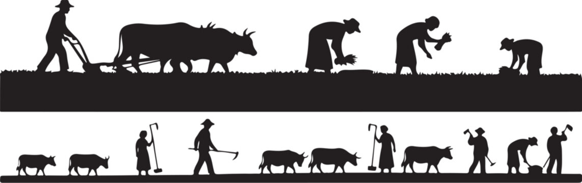 Black silhouette of people farming with oxen agriculture