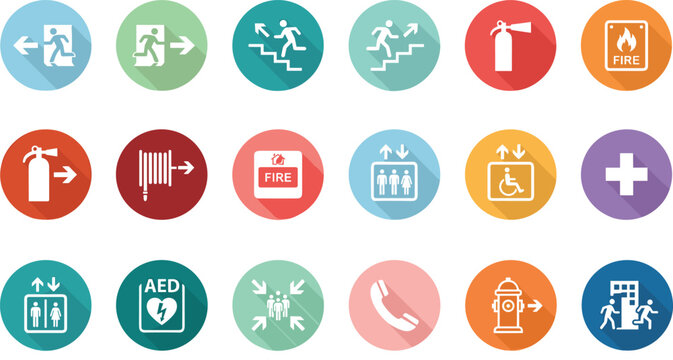 Emergency Evacuation and Fire Safety Flat Icon Set with Exit Signs Extinguishers Elevators and First Aid Symbols for Building Wayfinding Designs
